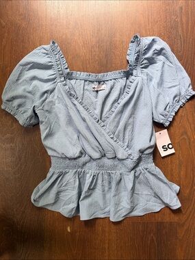 SO Light Blue Smocked Peplum Puff Sleeve Wrap Top